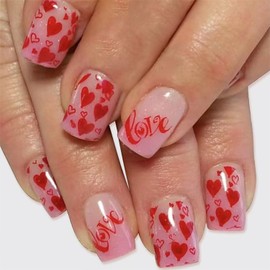 24 Pcs Valentine's Day Press on Nails Short Square Fake Nails with Red Heart & Love Design False Nails Glossy Valentines Nails Full Cover Acrylic Nails Stick on Nails for Women Nail Art