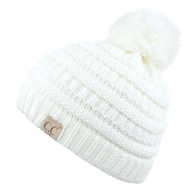 C.C Kids Beanie Ages 2-5 Warm Chunky Thick Stretchy Knit Slouch Beanie Skull Kids Hat with Pom (YJ-847-POM) (Ivory)
