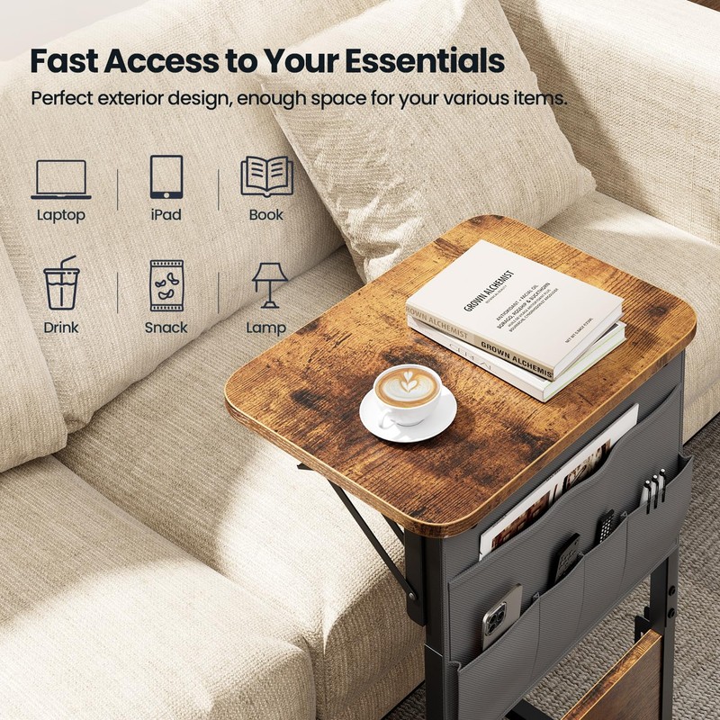 HLDIRECT C Shaped End Table with Charging Station, Couch Side