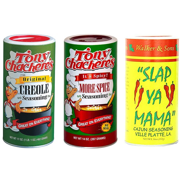 Slap Ya Mama All Natural Cajun Seasoning 16 oz & Tony Chachere's Original Creole Seasoning 17oz and Tony Chachere's More Spice Creole Seasoning 14oz Bundle from Louisiana