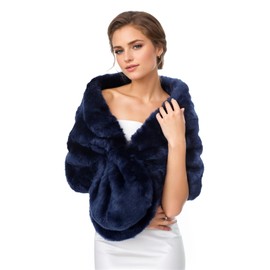Lifup Women's Faux Fur Wraps and Shawls, Winter Bridal Wedding Fur Stoles Scarf for Bride and Bridesmaids Navy blue