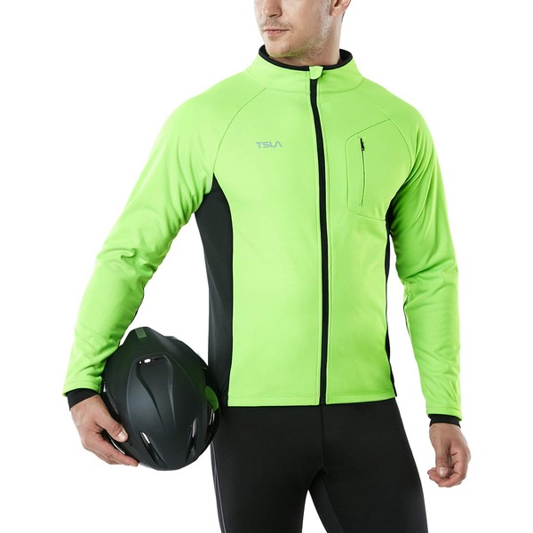 TSLA Men's Winter Cycling Jackets, Cold Weather Workout Running Jacket, Warm Thermal Softshell Bike Windbreaker, Cycling Windproof Jacket Neon Green, Medium