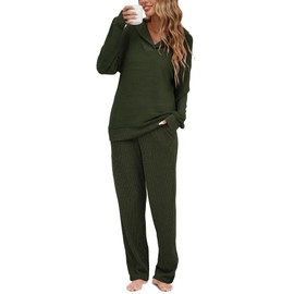 Famulily Pajamas for Women uk Collar Drop V Neck Long Sleeve Top and Ribbed Elastic Waist Pants Army Green XL