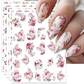 IDDFEVE Peony Flower Nail Art Stickers - Pink Floral Leaf Self-Adhesive 3D Nail Decals for DIY Spring Summer Manicure (6 Sheets)