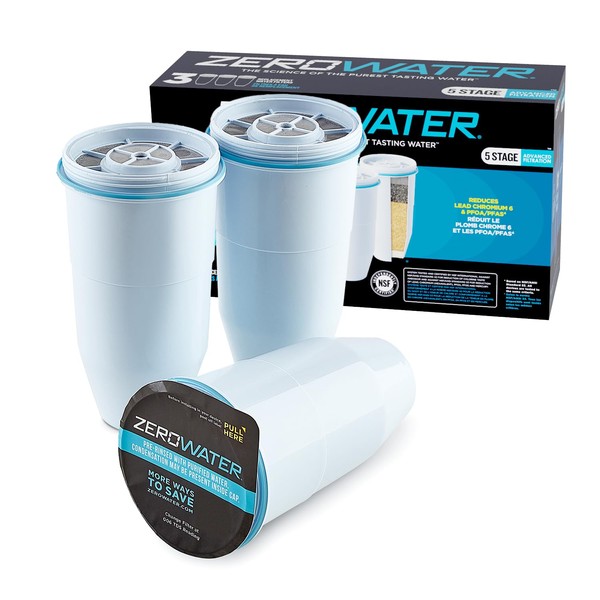 ZeroWater Official Replacement Filter - 5-Stage Filter Replacement 0 TDS for Improved Tap Water Taste - System NSF Certified to Reduce Lead, Chromium, and PFOA/PFOS, 3-Pack