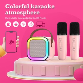Karaoke Machine for Kids Adults, Portable Bluetooth Mini Karaoke Microphone Singing Speaker with 2 Wireless Mic and Light, Birthday Gifts for Girls Boys Family Home Party