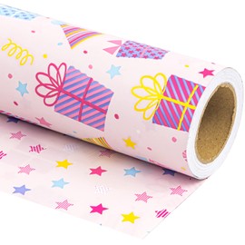 WRAPAHOLIC Jumbo Birthday Reversible Wrapping Paper - 30 Inch x 100 Feet Jumbo Roll - Gift Boxes on Pink and Stars Design for Girls Birthday, Kids Birthday, Baby Shower