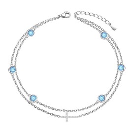 Wasee December Birthstone Anklet Bracelet for Women 925 Sterling Silver Blue Topaz Birthstone Adjustable Cross Anklets Birthday Anniversary Christmas Bracelet/Anklets Jewelry for Women