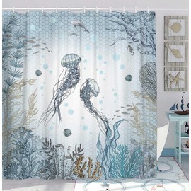 YDIAN - Cortina de ducha de medusas de mar océano, concha, medusa, concha, playa, concha, vida marina, tela impermeable, cortina de baño de color verde azulado con 12 ganchos, 70 x 70 pulgadas