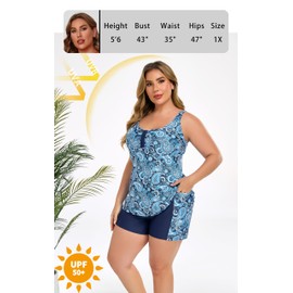 Halcurt Women's Plus Size Two Piece Bathing Suits Tankini Set with Shorts Pocket Tummy Control Swimsuit Blue Paisley 1X