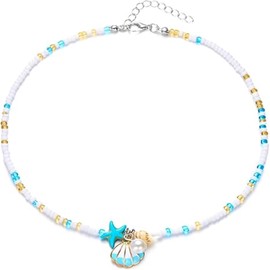 Bohemian Seashell Necklace & Starfish Anklet Set Adjustable Braided Chain with Pearls Blue Sea Glass Beads Beach Jewelry Gift for Women Summer Vacation Mother's Day