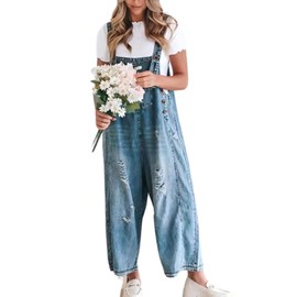 chouyatou Women Loose Adjustable Strap Denim Bib Overall Jeans Distressed Wide Leg Baggy Overalls Jumpsuit, Blue, XX-Large