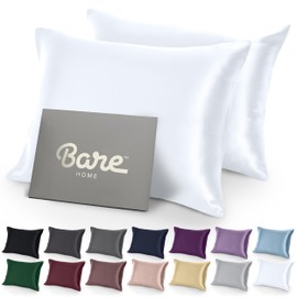 Bare Home Satin Pillowcases for Hair and Skin - 2 Pack Standard/Queen - Luxury Pillowcases - Envelope Enclosure - Soft and Smooth Satin - Breathable - Similar to Silk (White, 2 Pack)