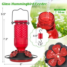 FEED GARDEN Glass Hummingbird Feeder for Outdoors Hanging, 16 OZ Humming Bird Feeders with 4 Bee Guard Feeding Ports & Built-in Ant Moat, Hummingbird Gifts for Mom Bird Feeder for Outside, Red,2 Pack