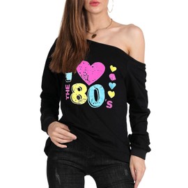 MAGICMK 80s Outfit for Women,Off Shoulder Long Sleeve,80s Outfit Sweatshirt Slouchy Printed Neon Long Tunics Top for Party-XL