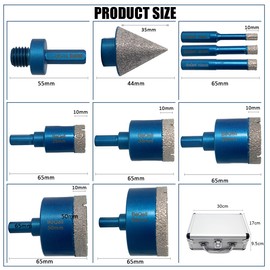 Diamond Hole Saw Kit Triangle Shank Diamond Core Drill Bit Set for Porcelain Tile Ceramic Marble Brick Granite Stone,6/8/10/25/35/38/50/65mm+35mm 5/8-11 Beveling Chamfer Bit Cone Tile+Adapter
