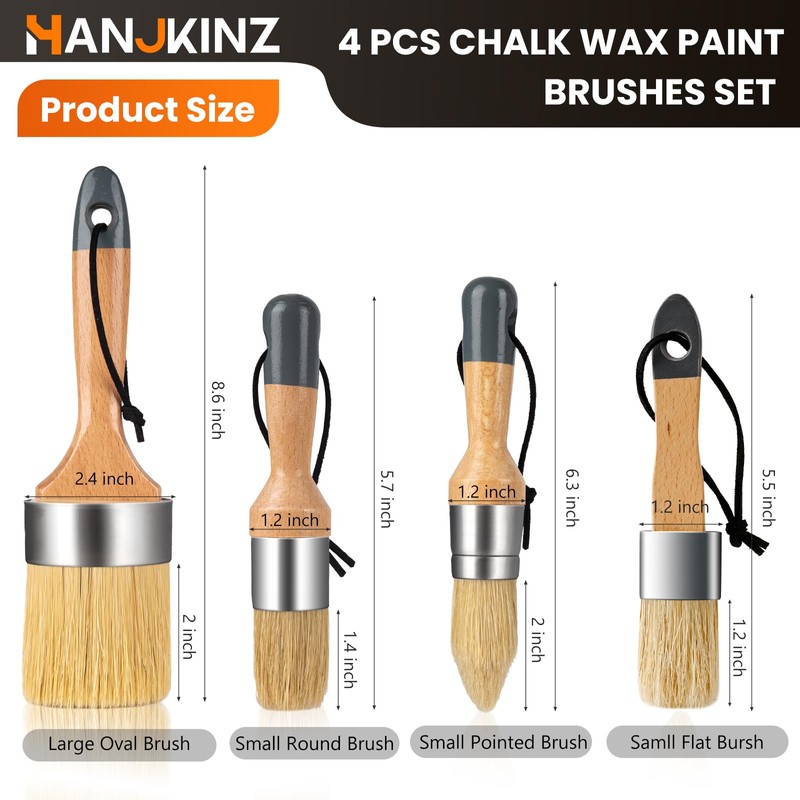 HANJKINZ Chalk and Wax Paint Brush 4Pcs Set, Chalk Paint