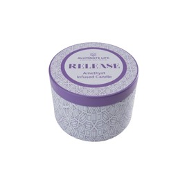 Aluminate Life Luxury Candle Tin, 6 OZ, Release - Amethyst Healing Crystal Infused - Scents of Lavender, Bergamot, & Frankincense - Relieve, Support, & Transform - Coconut Wax, Essential Oils