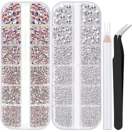 Two Packs of Flatback Rhinestones 4000 Pcs Nail Art Rhinestones Flatback Crystal AB+Transparent White Clear Rhinestone with Picker Pencil and Tweezer For Nail Art and Decoration