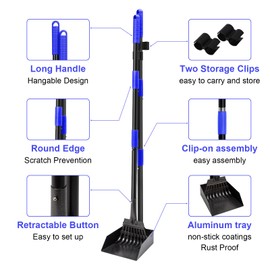 twocorn Pooper Scooper, Dog Pooper Scooper Tray and Rake Set with Adjustable Stainless Steel Long Handle for Large Medium Small Dogs (Blue)