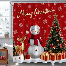 MSAYNFG Christmas Snowman Shower Curtain Red Xmas Trees Deer Winter Snowflake Snow Happy New Year Fabric Bathroom Home Decor with Hooks(70" Wx70 H)