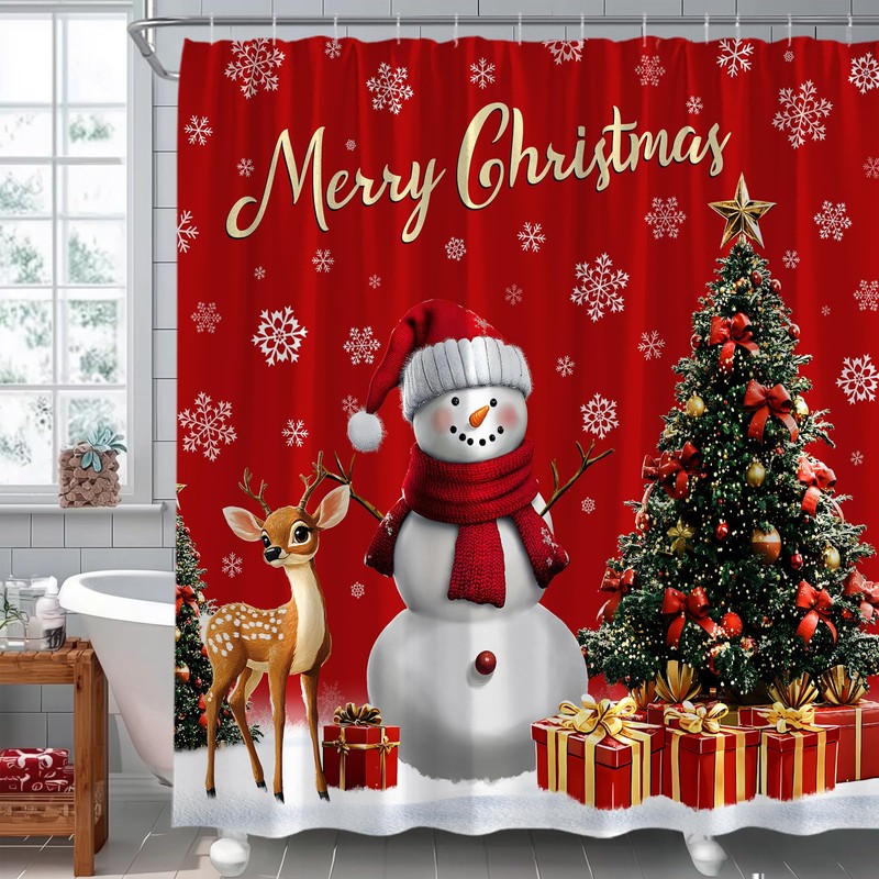 MSAYNFG Christmas Snowman Shower Curtain Red Xmas Trees Deer Winter