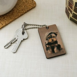 GRAPHICS & MORE Yorkie Yorkshire Terrier Dog Dapper Cap Hat Wood Wooden Rectangle Keychain Key Ring