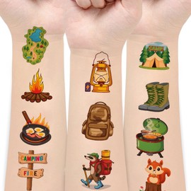 108 Pcs Camping Temporary Tattoos for Kids Boys Girls Waterproof Camp Camper Fake Tattoo Stickers Animal Climbing Hiking Tattoo Decorations for Camping Birthday Gift Party Supplies Favors