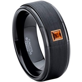 Brushed Black Tungsten Carbide Mens Wedding Band with 0.05ctw - 0.10ctw Princess Cut Garnet Birthstone Tungsten Ring - Stepped Edge Comfort Fit Tungsten Anniversary Ring - RG Bezel