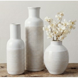 Rustic Farmhouse Vase Set of 3 - Ceramic Decorative Flowers Vases Home Decor - Pampas Grass Dried Fresh Flowers - for Centerpiece, Table, Mantel Entryway, Kitchen, Bedroom (White)