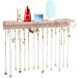 YYILIS Necklace Holder, Upgraded Extra Large Wall Necklace Organizer with 30 Hooks Wall Mounted Necklace Hanger with Jewelry Tray/Cosmetics Shelf Rustic Pine Wood Holder (Pink)