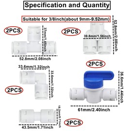 HUAZIZ 14 Piece Universal Connection Set Adapter Fitting Connector, RO Water Filter Fitting, for 3/8 Inch Hose, Fridge Hose, Water Hose (Y + T + I + L Type + Shut-off Valve)