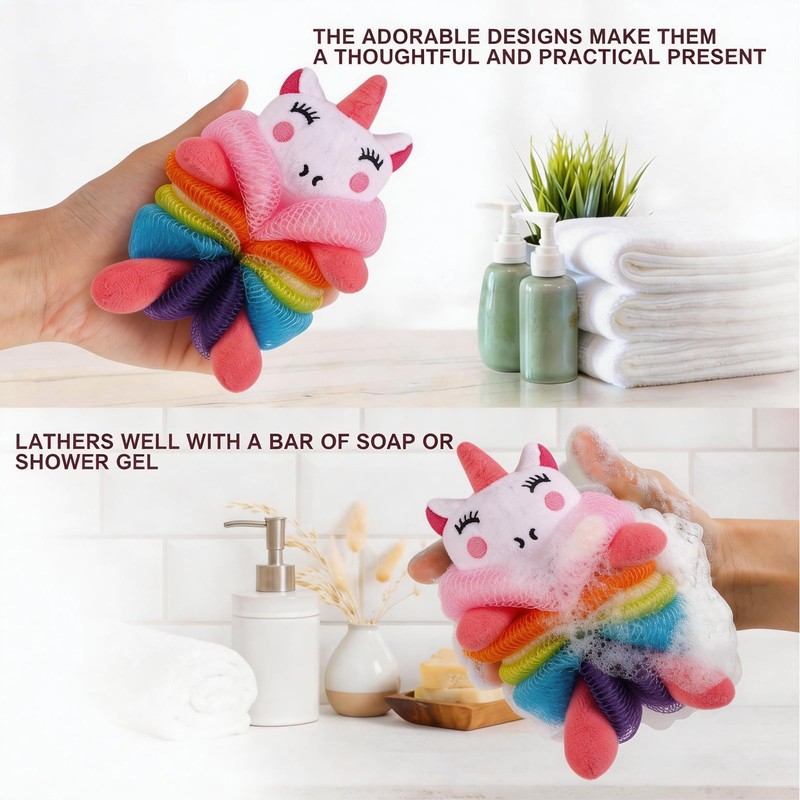PHOGARY 3 Pack Bath Loofahs, Shower Sponge Balls Animal Mesh