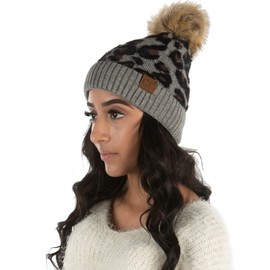 Funky Junque Animal Print Beanie Faux Fur Pom Hat: Leopard - Heather Grey