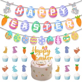 JSTHHTT Osterdeko Banner, Happy Easter Girlande Ostern Deko, Ostereier Frohe Osterhasen-Ei-Banner, Osterdekoration für Kinder Osterfeier Drinnen Draußen Garten Party Dekoration