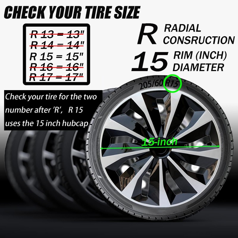 Hubcap Wheel Covers Replacement Size R15 Hub Caps Universal-Fit Steel