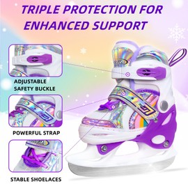 Nattork Adjustable Ice Skates for Girls Kids, Rainbow Beginner Ice Hockey Skates for Outdoor and Rink, 4 Sizes Adjustable Skates, Soft and Comfortable Lining Ice Skating Shoes Ages 3-12