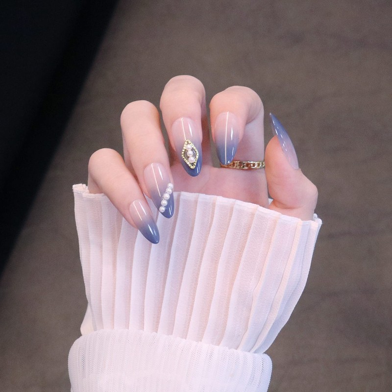 24pcs Navy Gradient Nail Tips French Nail Pearls for Wedding,