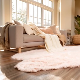 Super Area Rugs Ultra Soft & Fluffy Faux Sheepskin Rug, Light Pink 4 x 6 Feet Sheepskin Carpet for Bedroom Living Room