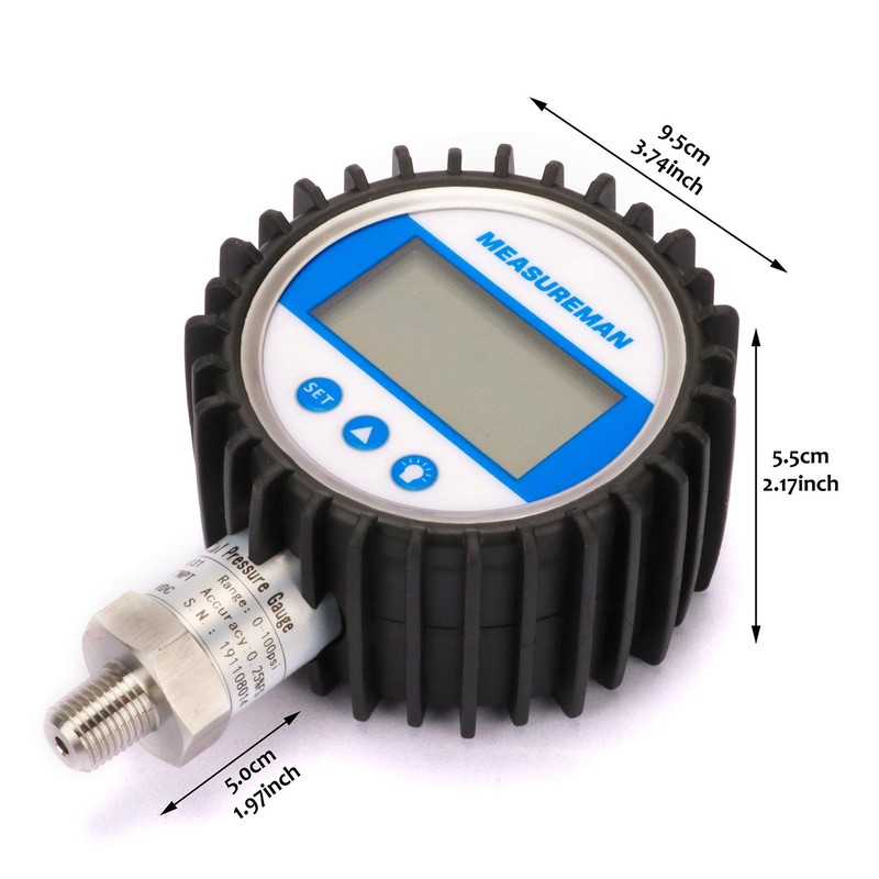 MEASUREMAN 3-1/8" Dial Size, Digital Pressure Gauge, 0-100psi/bar/Mpa/Kpa, 1/4"NPT Lower