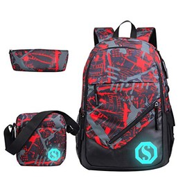 JiaYou Boy Girl Unisex 20L Fashion School Bag Backpack Bookbag with Florescent Mark 3 Sets/2 Sets (20L, Color G 3Sets)