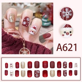 144 Pcs Christmas Press on Nails Short Square Fake Nails Winter Xmas False Nails with Designs Cute Elk Snowflake Glue on Nails Full Cover Acrylic Stick on Nails for Women Girls Manicure 6 Packs