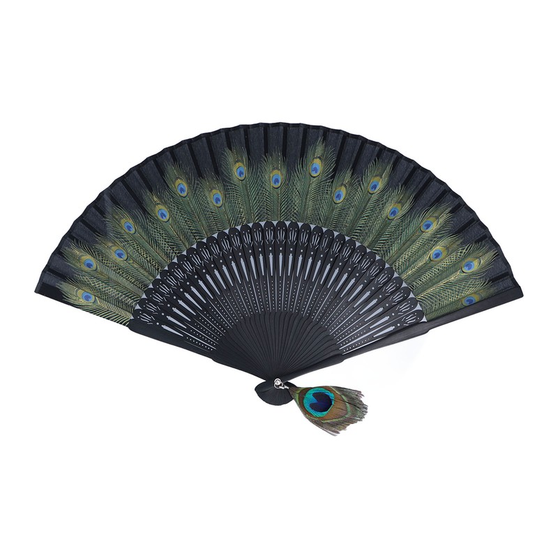 Folding Fan Black Bones Beautiful Peacock Pattern Antique Bamboo Hand