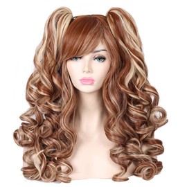 ColorGround Long Curly Multi-Color Cosplay Wig with 2 Ponytails(Brown with Blonde)