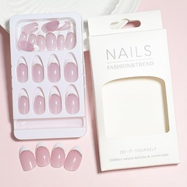 French Press on Nails Medium Length Almond Shaped Fake Nails Pink Stick on Nails Inexpensive Glue on Nails Reusable Full Cover Artificial Acrylic False Nails Kit Press on Nails for Women Girls 24Pcs