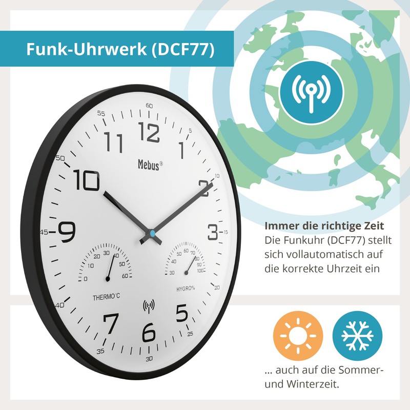 Mebus Modern Radio Wall Clock with Temperature Display and Humidity,