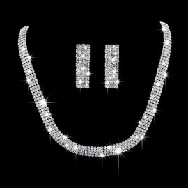 JONKY Bride Wedding Rhinestone Choker Necklace Earring Set Silver Necklaces Chain Sparkly Row Bridal Set Crystal Jewelry for Women