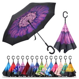 LLanxiry Windproof Inverted Umbrella, Large Reverse Umbrellas for Rain with C-shaped Handle Big Upside Down Inside Out Umbrella for Women & Men (purple flower)
