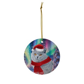 Funny Blue British Shorthair Cat Christmas Ornament 2025 Ceramic Circle White - Festive Winter Northern Lights Holiday Xmas Tree Hanging Decoration Gifts for Cat Lovers