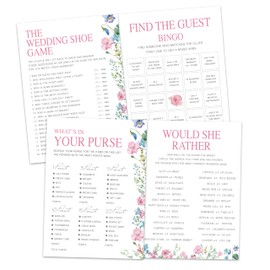 Zcsni Bridal Shower Games Set– 50 Pack, Floral Wedding Party Games Cards, 4 Game Designs, Newlyweds Party Decoration, Engagement Party Games Supplies, Bachelorette Party Ideas -01